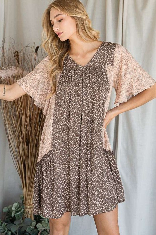 Jade By Jane Boho Chic Relaxed Fit Color Block Floral Print V-Neck Ruffle Dress Plus Size - NeoKira Unlimited