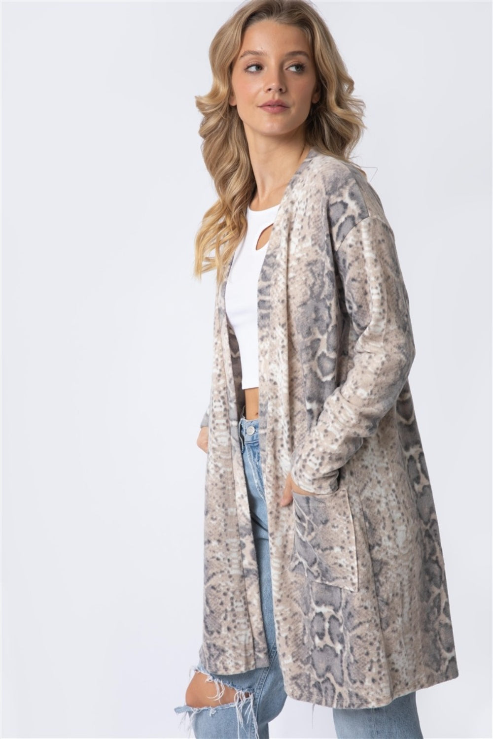 Cherish Apparel Animal Print Flannel Open Front Longline Cardigan Cardigan Trendsi Taupe S 