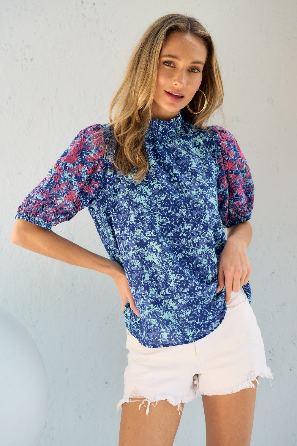 Hailey & Co Embroidered Puff Sleeve Printed Blouse - NeoKira Unlimited