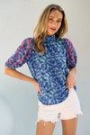 Hailey & Co Embroidered Puff Sleeve Printed Blouse Top Trendsi Blue S 