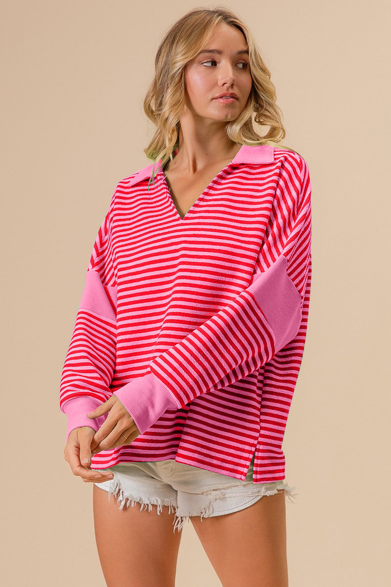 BiBi Striped Contrast Long Sleeve Knit Top Top Trendsi   