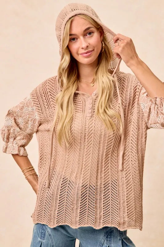 BiBi Puff Sleeve Hooded Knit Top With Jacquard Floral Lace – Light Taupe - NeoKira Unlimited