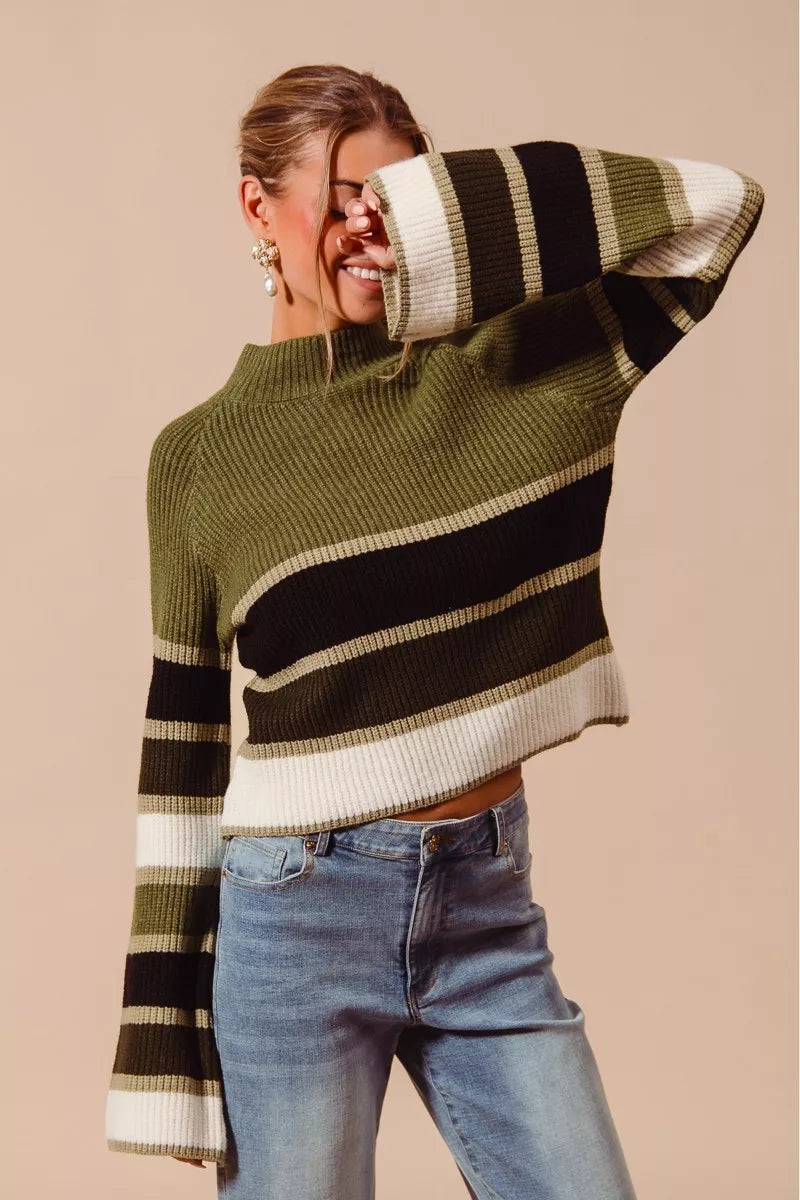 SO ME Playful Retro Multi Color Striped Mock Neck Sweater - NeoKira Unlimited