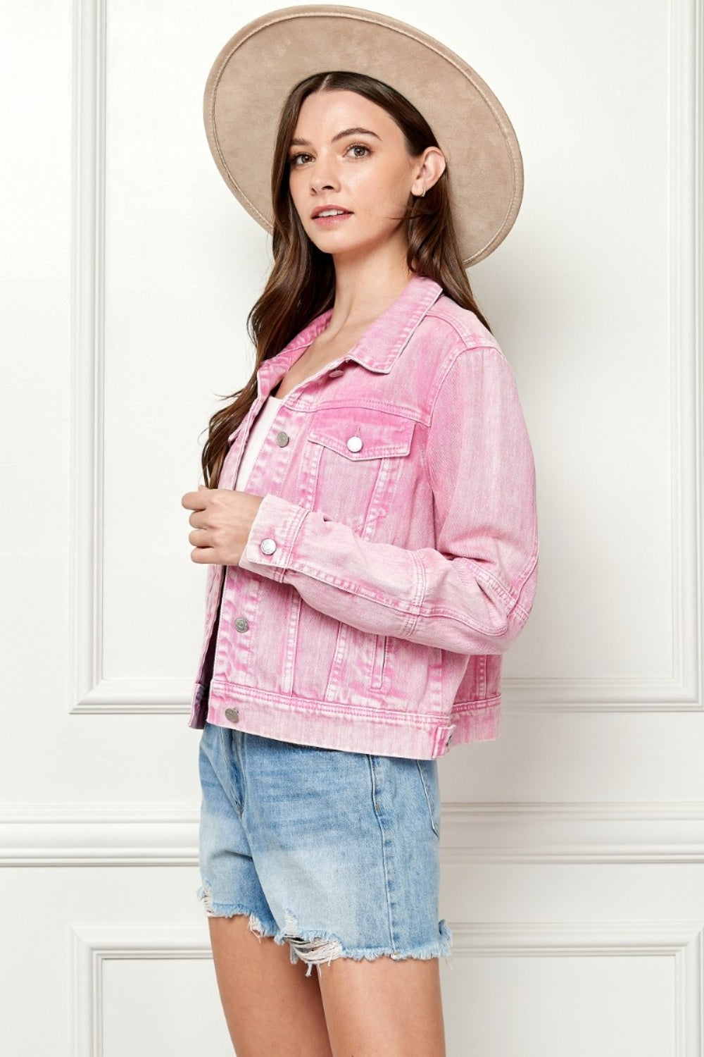 Veveret Button Up Cropped Denim Jacket Jacket Trendsi   