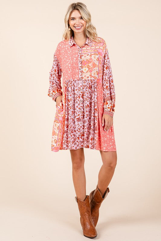 Mittoshop Floral Button Detail Long Sleeve Shirt Dress - NeoKira Unlimited