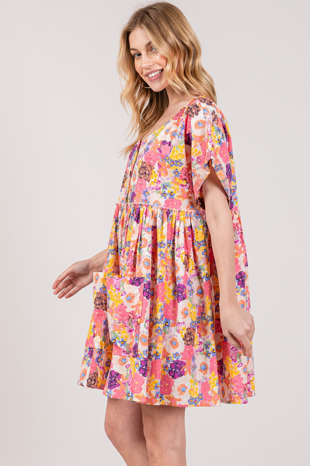 SAGE + FIG Floral Short Sleeve Babydoll Dress with Pockets Mini Dress Trendsi   