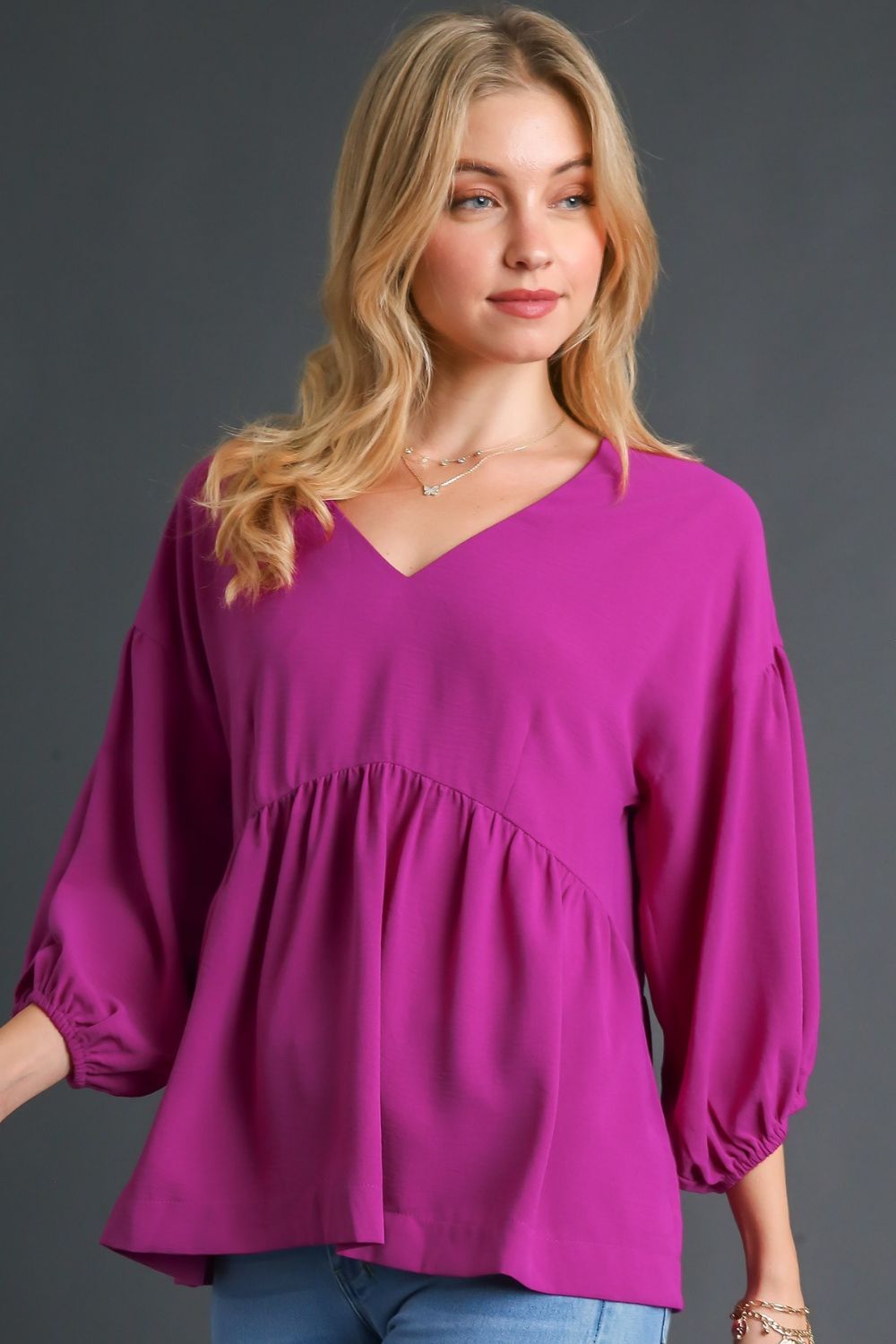 Umgee Full Size V-Neck Puffed 3/4 Sleeve Babydoll Blouse Plus Size - NeoKira Unlimited