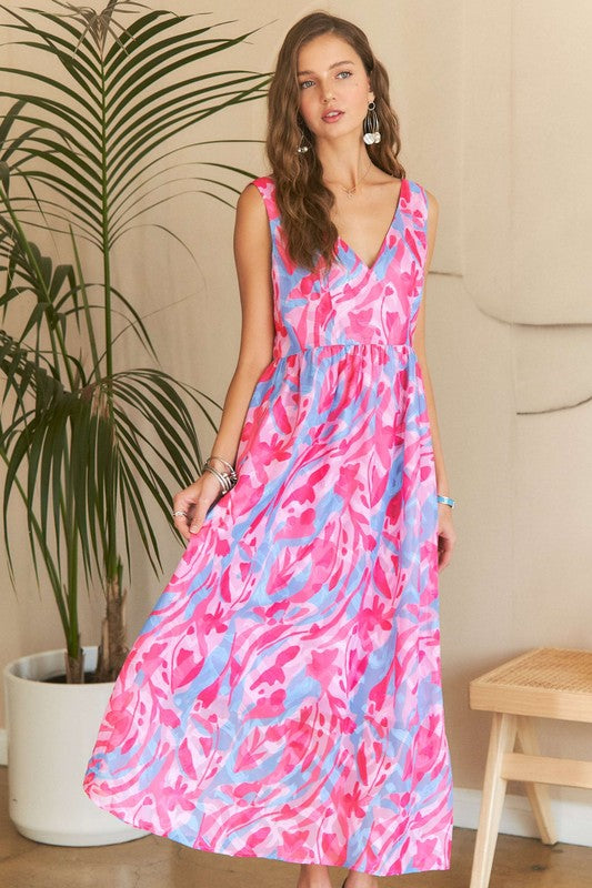 ADORA Abstract Floral V-Neck Maxi Dress - NeoKira Unlimited