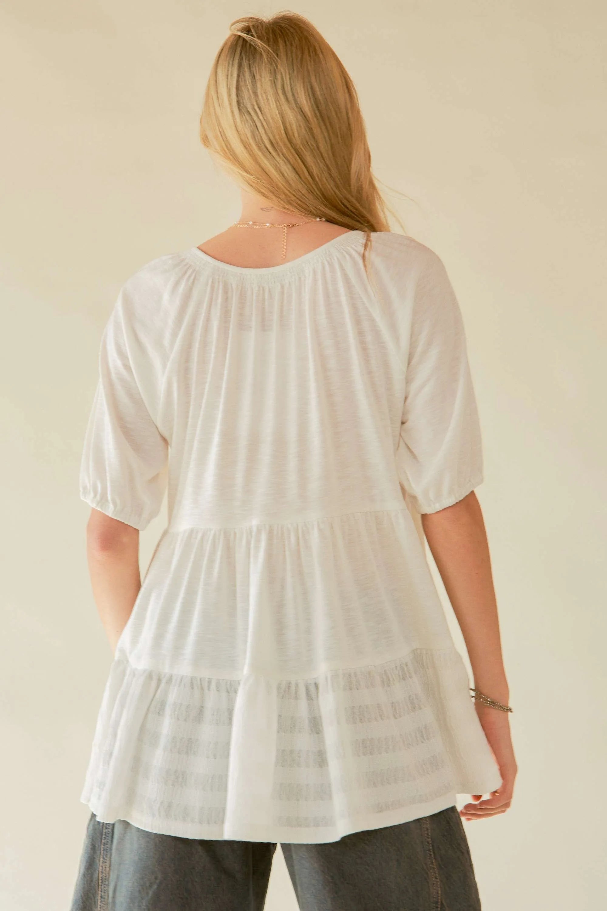 Davi & Dani Ruffled Flared Short Sleeve V Neck Blouse - NeoKira Unlimited