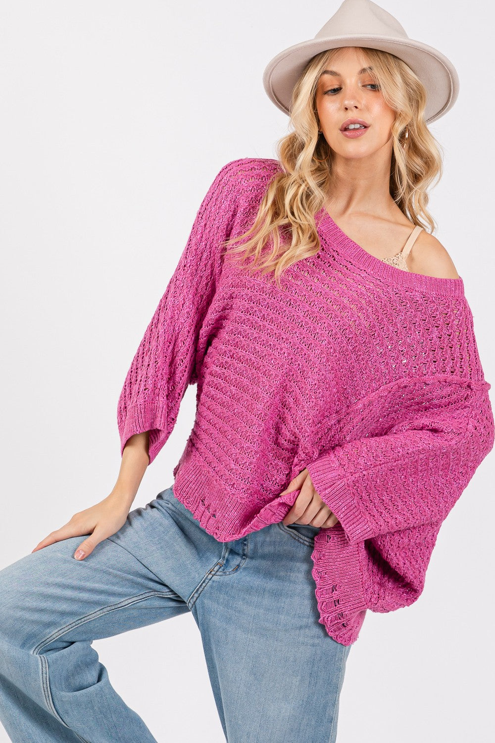 SAGE + FIG Distressed Asymmetrical Open Stitch Sweater - NeoKira Unlimited