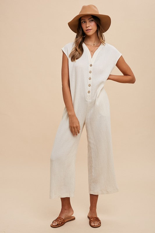 Annie Wear Button Detail Wide Leg Jumpsuit with Pockets - NeoKira Unlimited