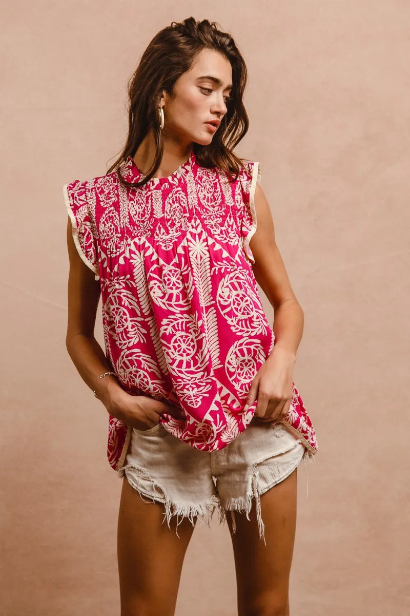 BiBi Pink Paisley Ruffle Cap Sleeve Smocked Neck Blouse - NeoKira Unlimited