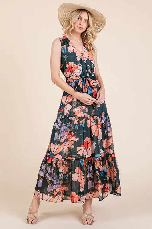 Lime 'N' Chili Floral Print Sleeveless Tie Waist Maxi Dress Feminine Flowing - NeoKira Unlimited