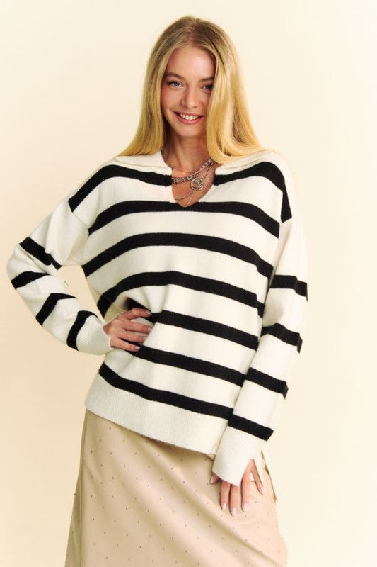 Davi & Dani High-Low Side Slit Striped Johnny Collar Sweater - NeoKira Unlimited
