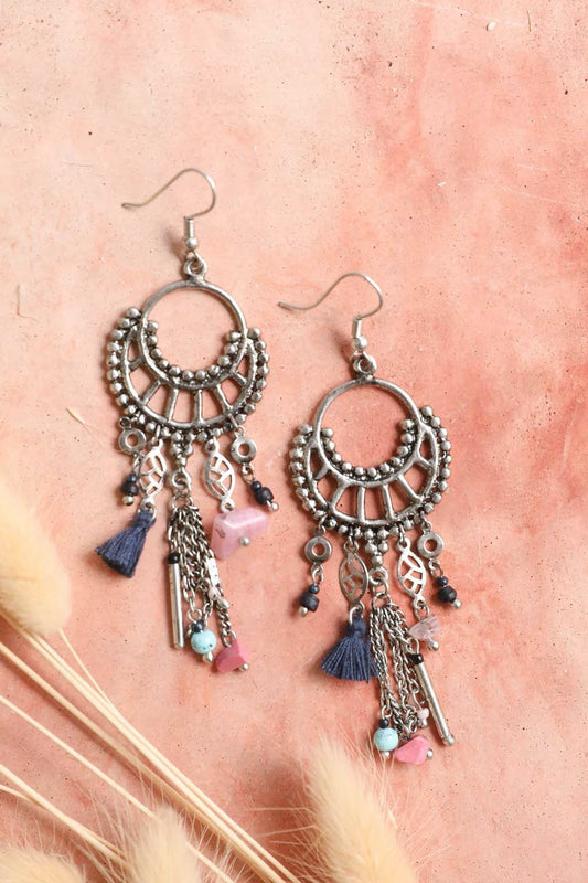 Dangling Rose Quartz & Fringe Earrings - NeoKira Unlimited