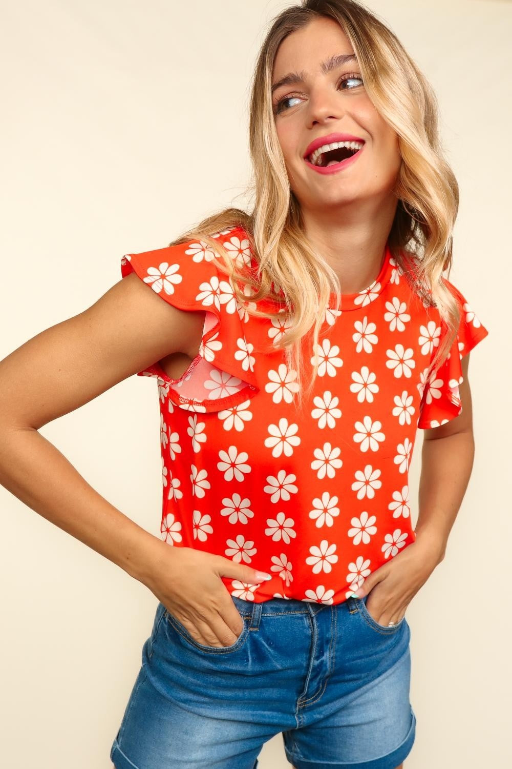 Haptics Round Neck Ruffled Floral Contrast Knit Top Top Trendsi Scarlet S 