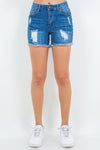 American Bazi High Waist Distressed Frayed Denim Shorts Denim Shorts Trendsi Blue S 