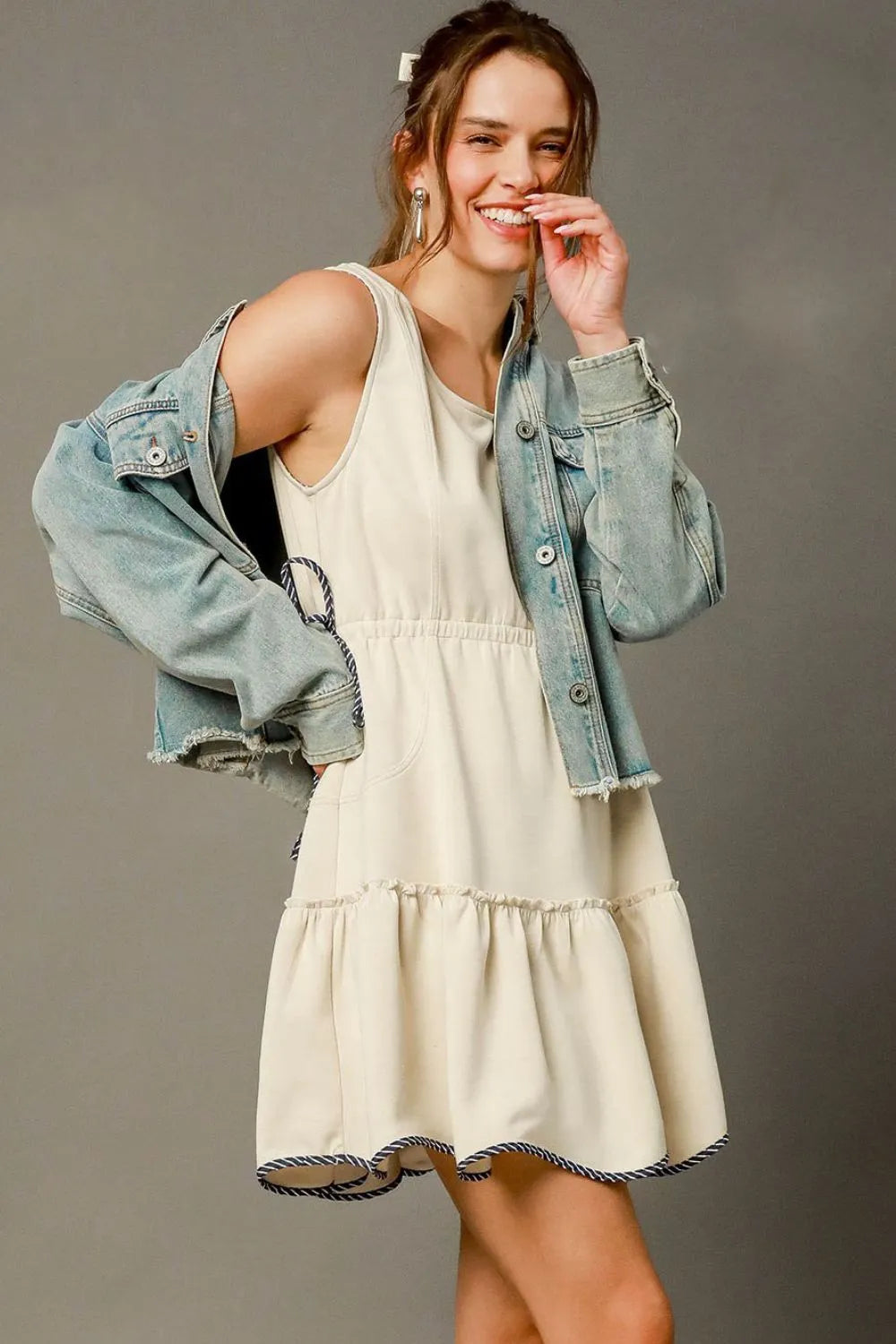 Umgee Boho Chic Cream Tiered Frill Mini Dress With Drawstring Waist - NeoKira Unlimited