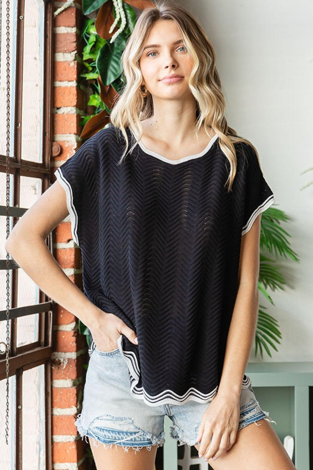 First Love Full Size Contrast Wavy Crochet Drop Shoulder Knit Top Top Trendsi Black S 