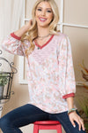 Celeste Full Size Leaf Print Contrast Trim Balloon Sleeve Top Top Trendsi Pink/Taupe S 