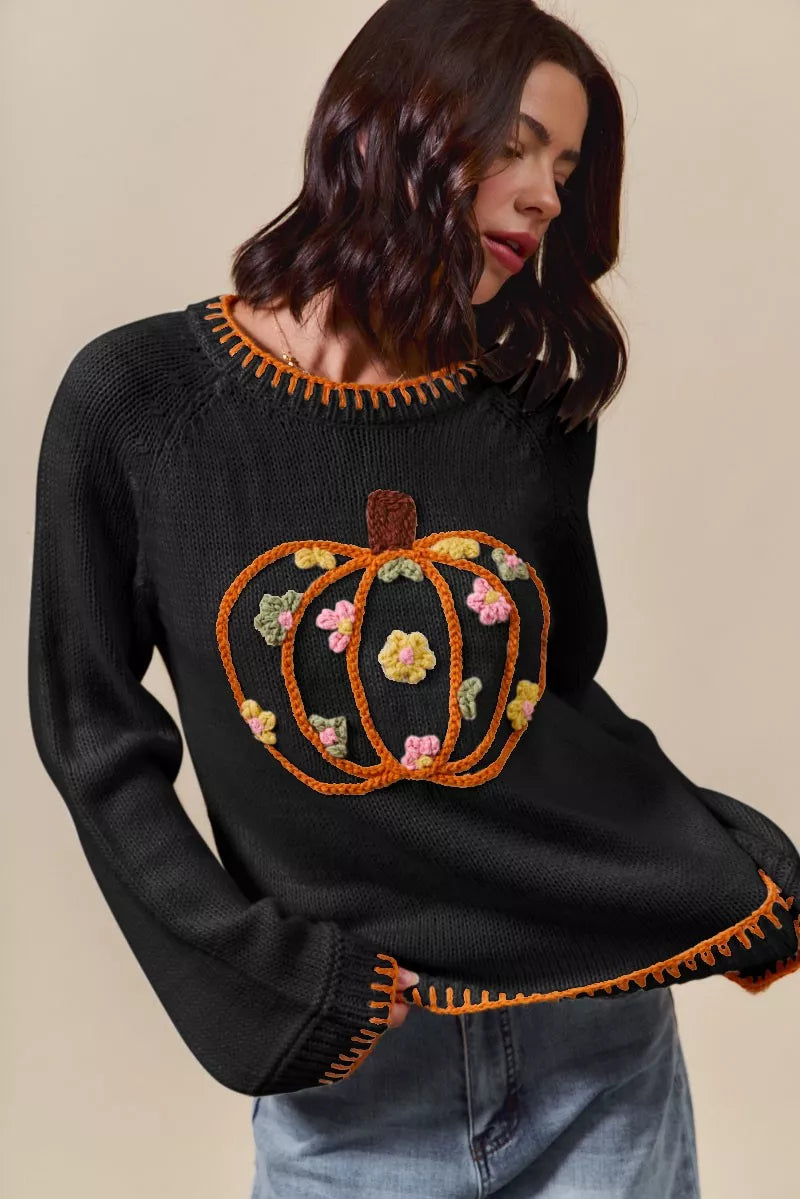 SO ME Festive Whimsical Pumpkin Floral Embroidered Thanksgiving Sweater - NeoKira Unlimited