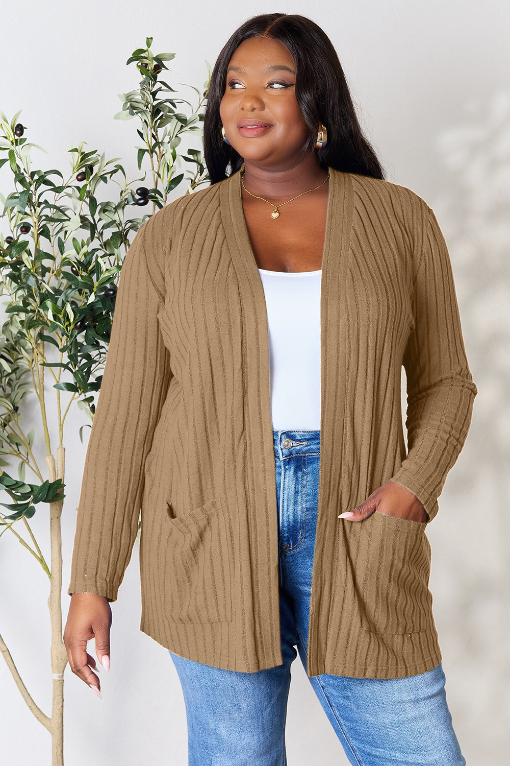 Basic Bae Full Size Ribbed Open Front Cardigan with Pockets Cardigan Trendsi Tan XL 