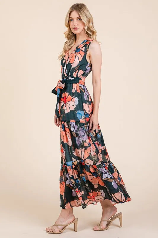 Lime 'N' Chili Floral Print Sleeveless Tie Waist Maxi Dress Feminine Flowing - NeoKira Unlimited