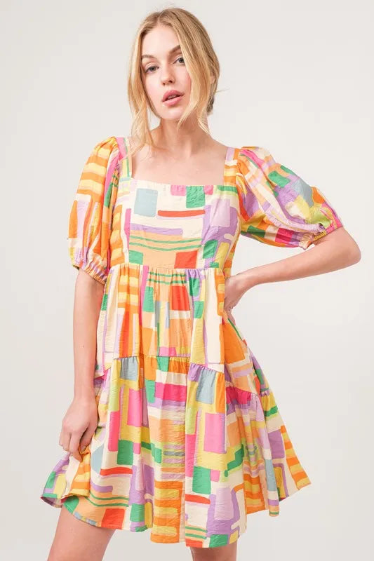 And The Why Square Neck Puff Sleeve Geo Printed Mini Dress - NeoKira Unlimited