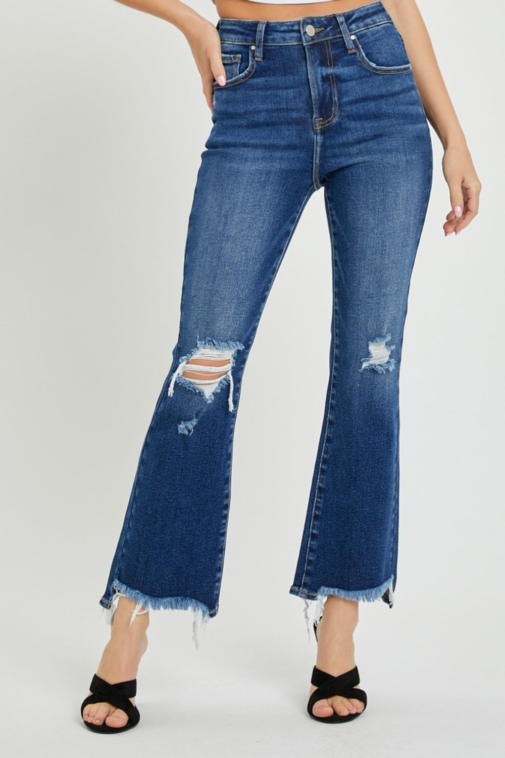 RISEN High Rise Distressed Crop Flare Jeans Jeans Trendsi Dark 0(24) 