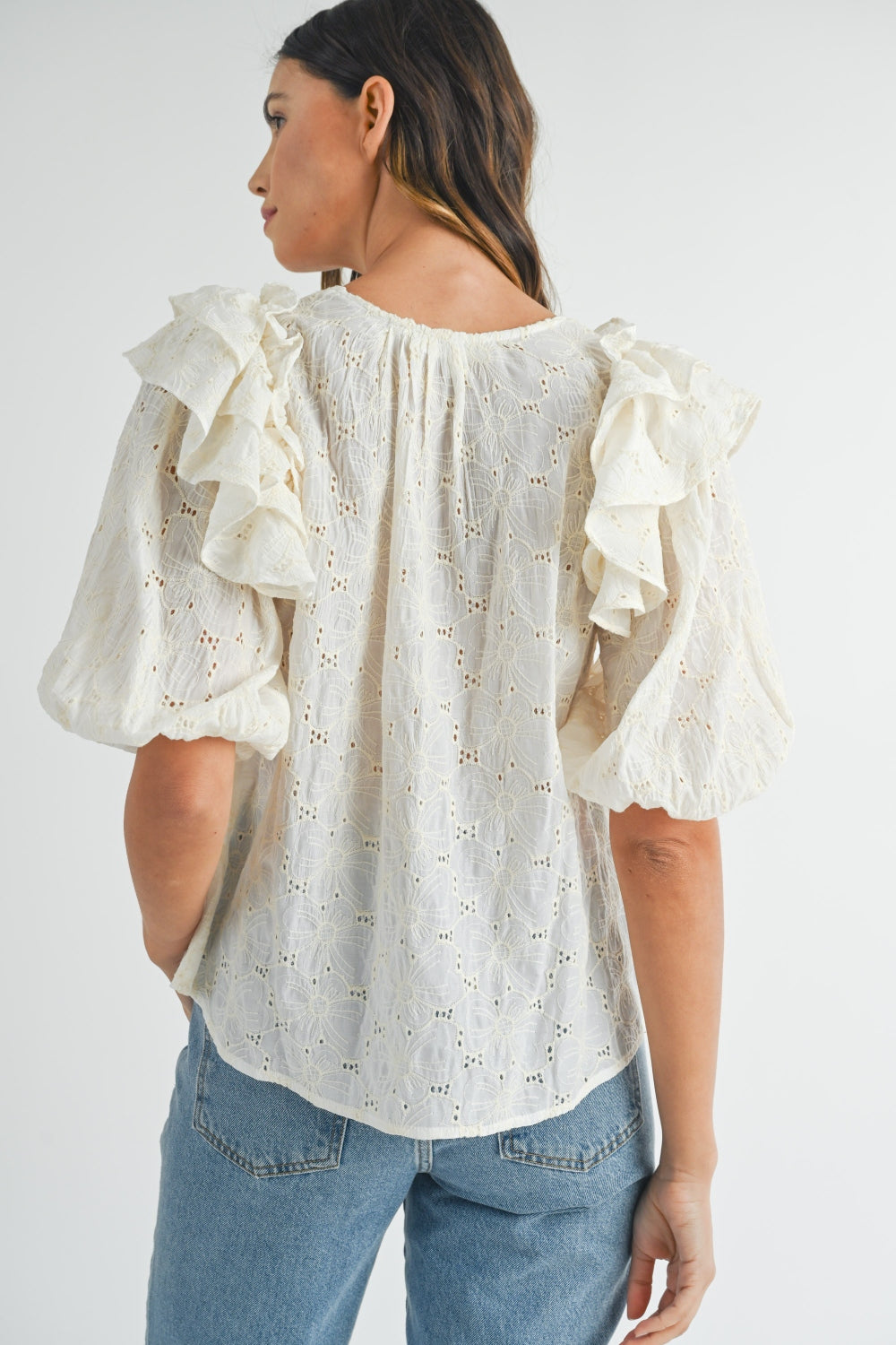 MABLE Eyelet Lace Ruffle Shoulder Puff Sleeve Blouse Blouse Trendsi   