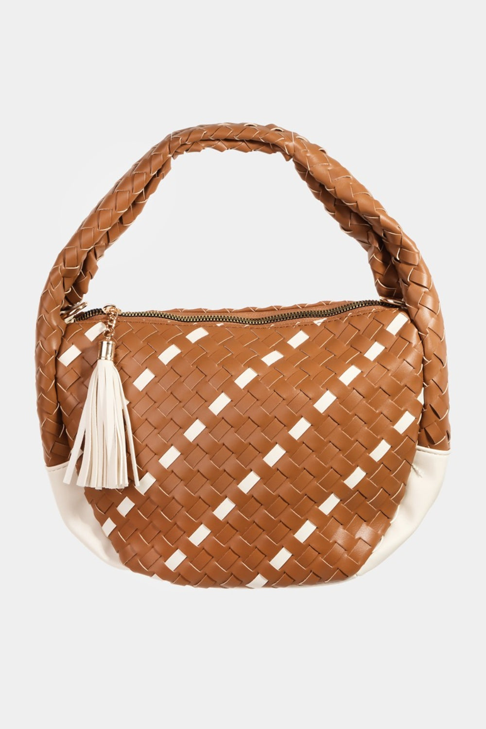 Fame Tassel Detail Weave Semi Circle Bag Handbag Trendsi Brown One Size 