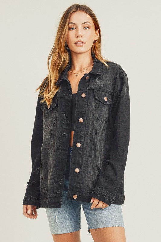 RISEN Full Size Distressed Long Sleeve Denim Jacket - NeoKira Unlimited