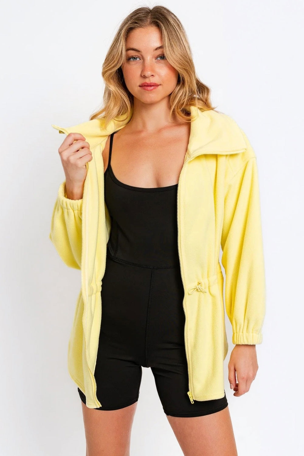 Tasha Apparel Zip Up Waist Drawstring Soft Fleece Jacket Jacket Trendsi Citron Yellow XS 