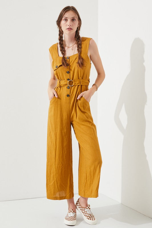 Jade By Jane Sleeveless Square Neck Button Down Ankle Jumpsuit Jumpsuits Jade By Jane MUSTARD S 