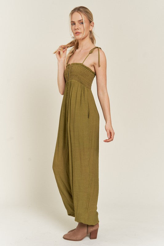 Jade By Jane Smocked Tie Strap Sleeveless Jumpsuit | Plus Size Summer Style - NeoKira Unlimited