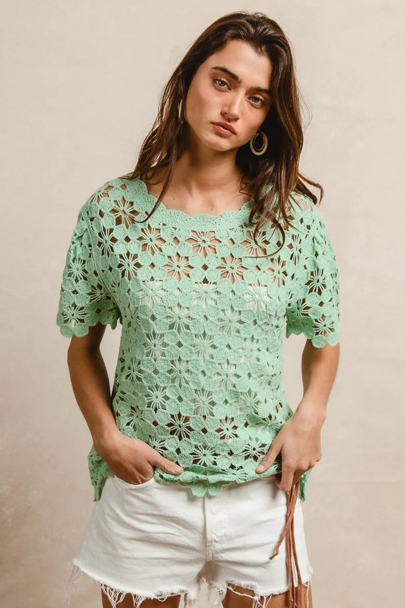 BiBi Openwork Crochet Short Sleeve Knit Top Boho Chic Style - NeoKira Unlimited