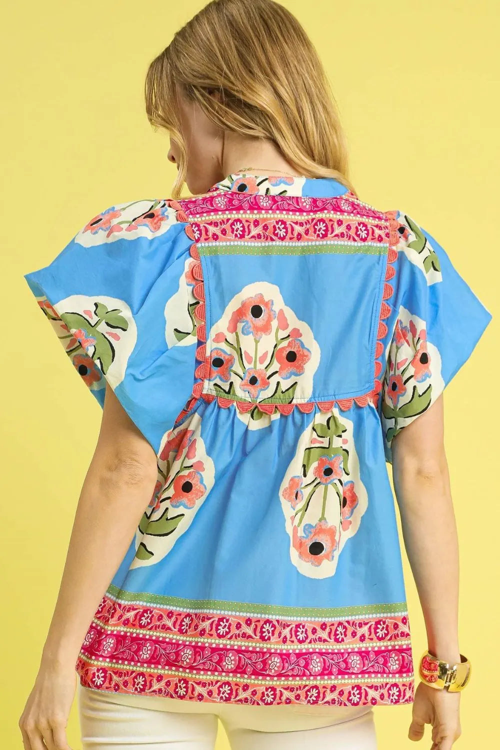 Umgee Boho Chic Puff Sleeve Floral Blouse with Notched Neckline - NeoKira Unlimited