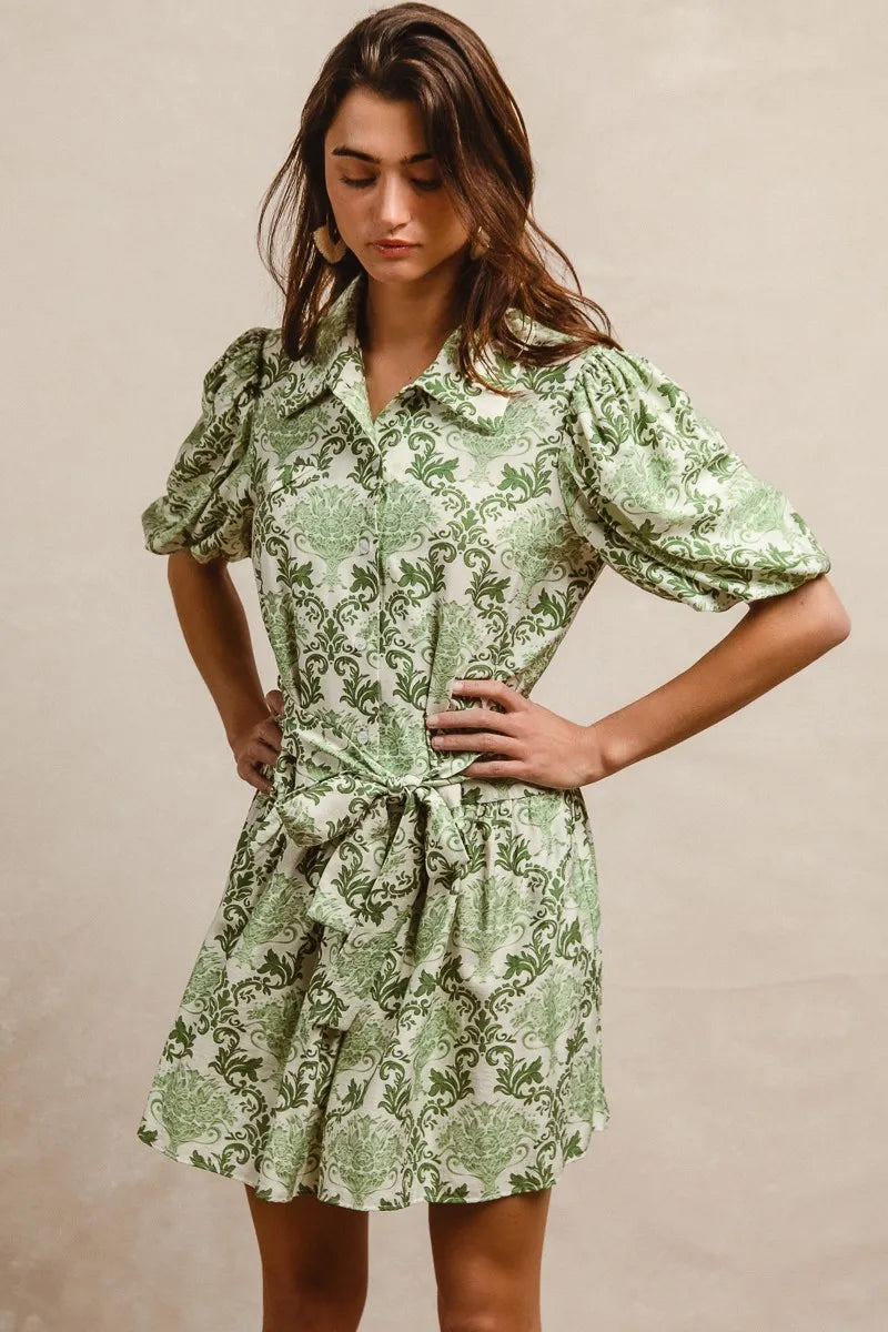 BiBi Tied Floral Short Sleeve Mini Shirt Dress - NeoKira Unlimited