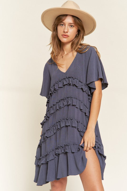 Jade By Jane Tiered Ruffle Mini Dress | Flowy Boho Chic Cotton Linen Style - NeoKira Unlimited