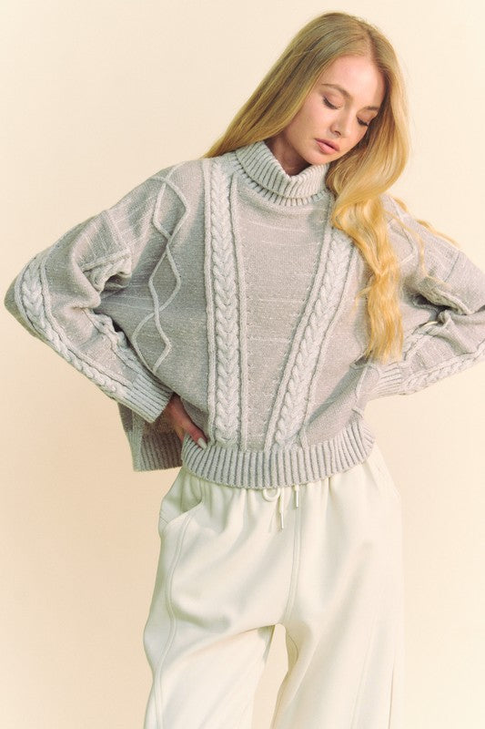 Davi & Dani Cable-Knit Turtleneck Dropped Shoulder Sweater - NeoKira Unlimited
