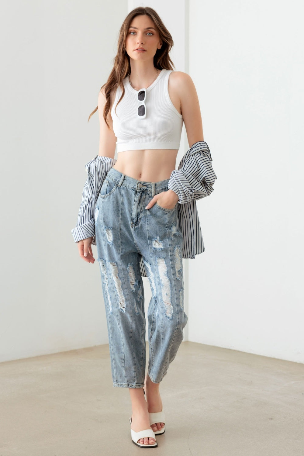 Litz La Washed Barrel Leg High Waist Distressed Jeans Jeans Trendsi   