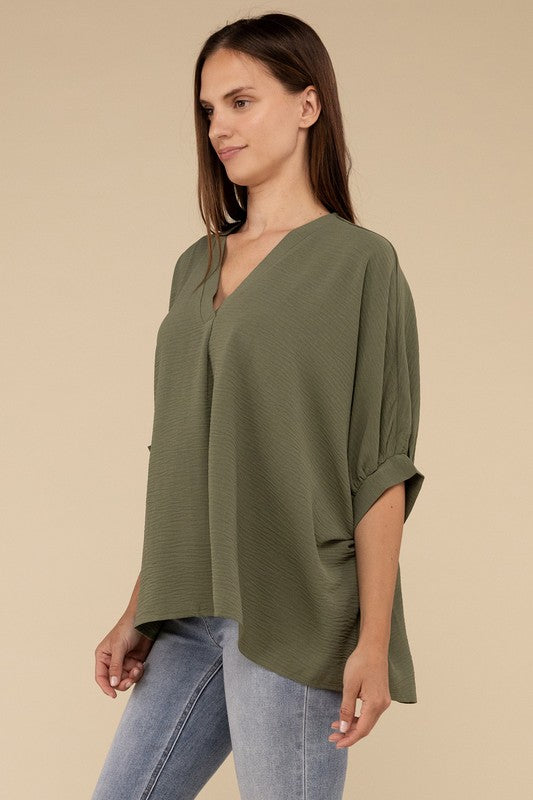 Woven Airflow V-Neck Puff Half Sleeve Top Top ZENANA   