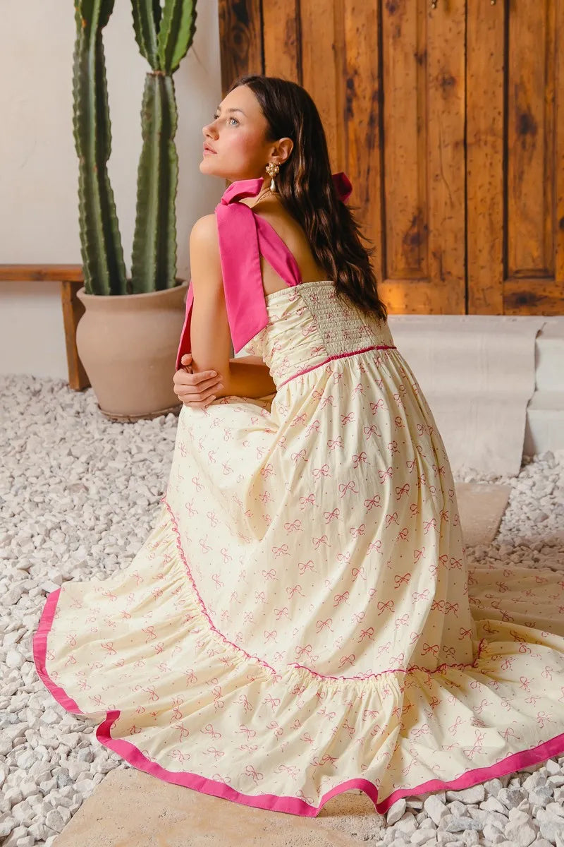 SO ME Ribbon Flowy Maxi Dress with Contrast Trim Boho Style - NeoKira Unlimited