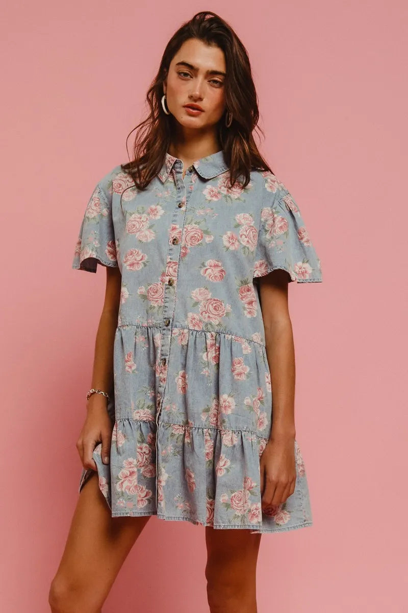 BiBi Vintage Style Blue Floral Washed Tiered Lightweight Mini Shirt Dress - NeoKira Unlimited