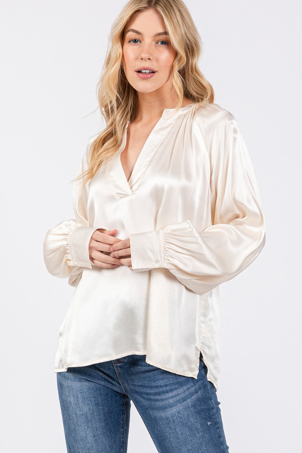 SAGE + FIG Notched Long Sleeve Blouse Blouse Trendsi   