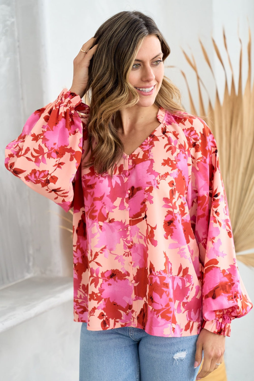 Hailey & Co Ruffle V-Neck Decor Button Floral Blouse - NeoKira Unlimited