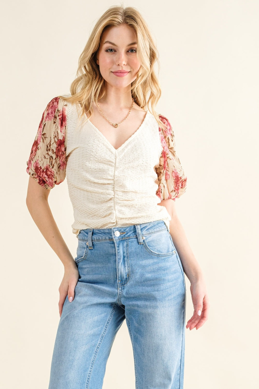 And The Why Full Size Floral Print Textured Sleeve Knit Top Top Trendsi   