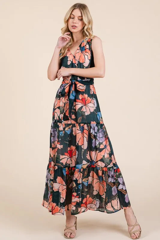 Lime 'N' Chili Floral Print Sleeveless Tie Waist Maxi Dress Feminine Flowing - NeoKira Unlimited