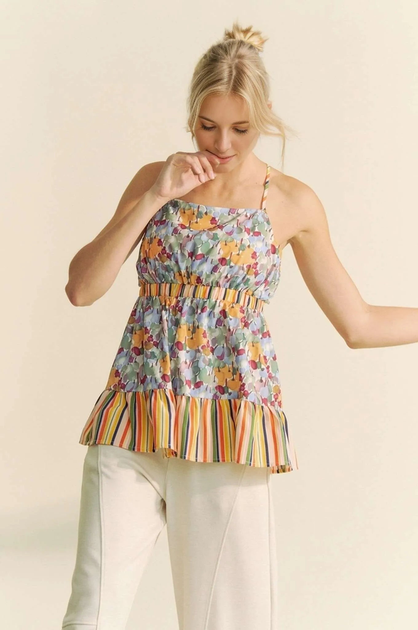 Davi & Dani Floral Smocked Sleeveless Ruffle Back Tie Top - NeoKira Unlimited