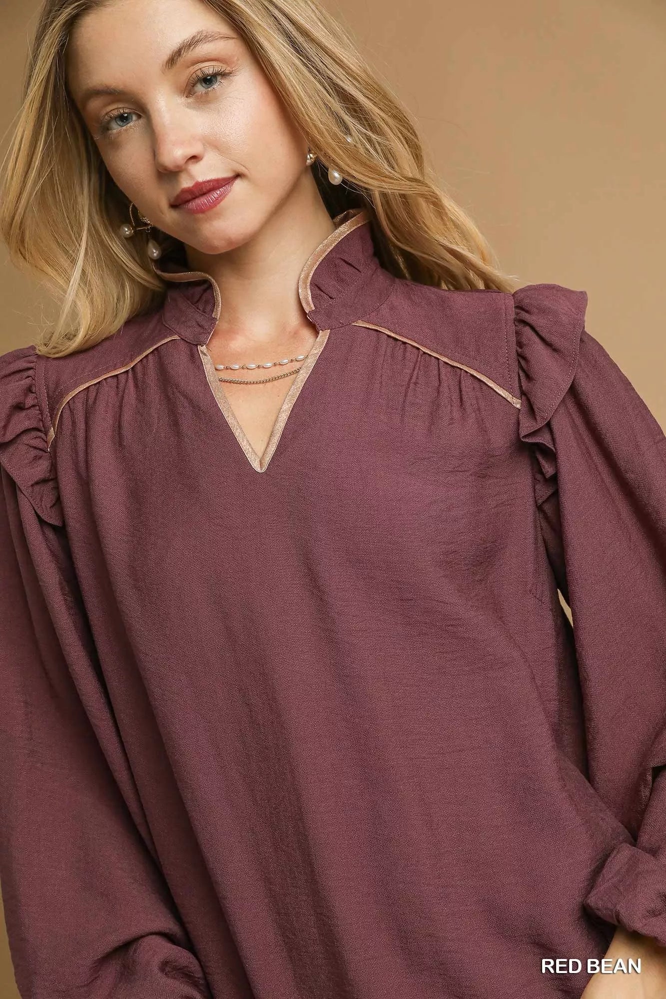 Umgee Ruffle Shoulder Long Sleeve Blouse - NeoKira Unlimited